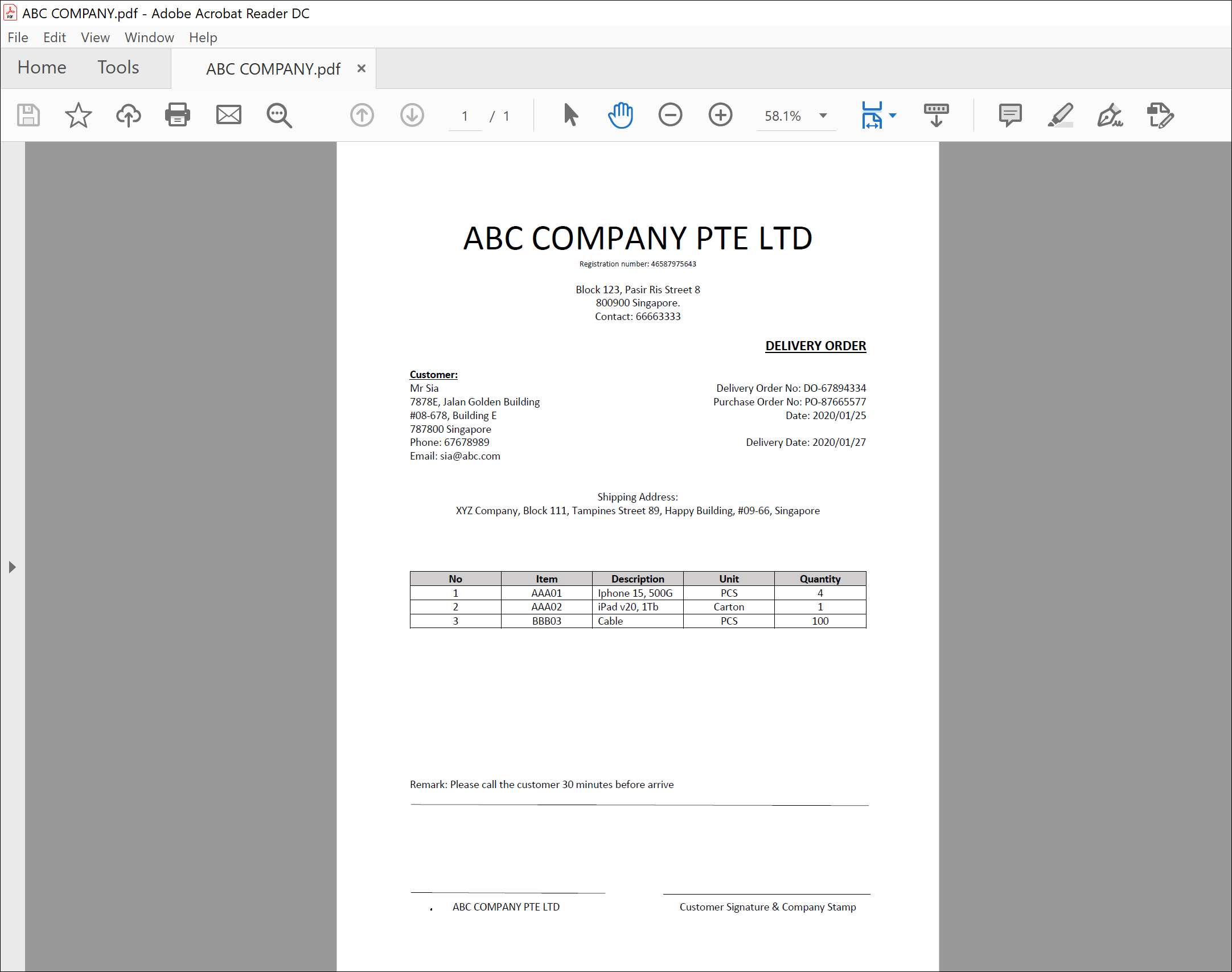 Deliver Order in PDF Format
